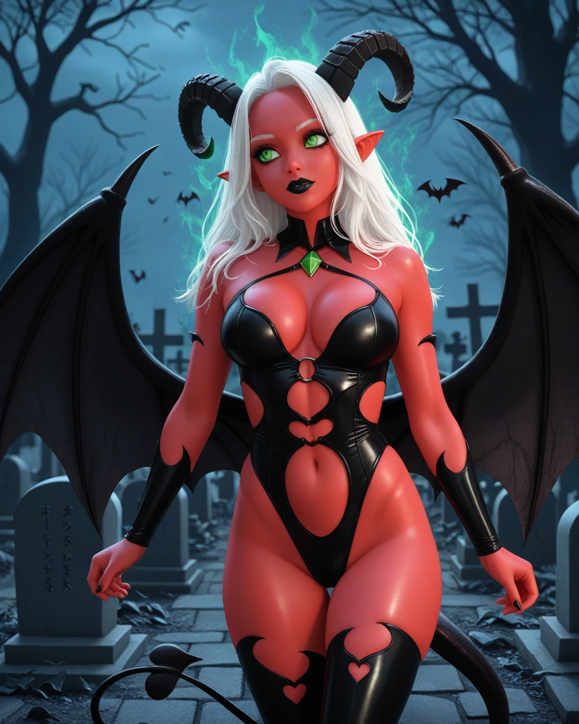 (masterpiece), best quality, expressive eyes, perfect face, demon skin has a bright red hue, full body pose dressed in white ribbons, christmas demon lewd