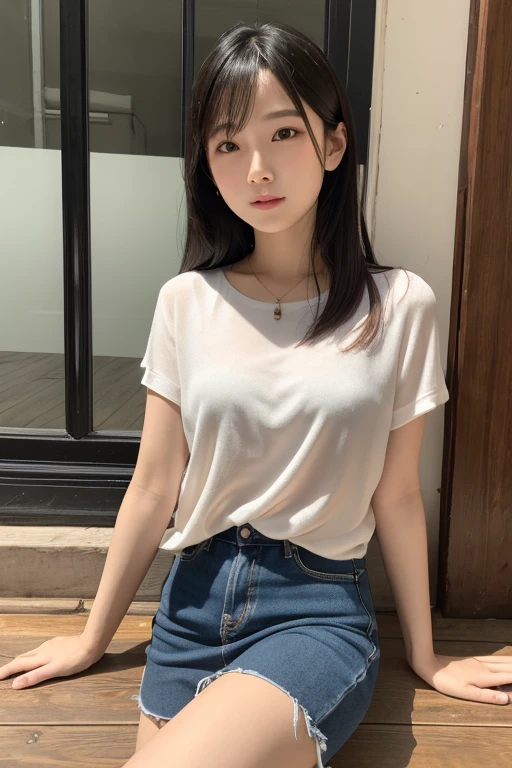 (((masterpiece))), ((highest quality)), ((Very detailed)), ((High resolution)), ((8k)), ((Anatomically correct)), (The correct number of fingers), One Girl, Childish, 9 years old, long hair, (he is short), Very cute woman, delicate, Charming smile, Black Hair, Bright Eyes, Big Eyes, Best moment, Vivid eyes, Beautiful Skin, Cute face, delicateな腕, Detailed skin texture, Intricate details, Very detailedな顔, Beautiful Eyes, View your viewers, Attractive thighs, Hotel Rooms, Show the whole picture, Denim shorts, I can see my belly button, Sitting, Hair blowing in the wind, Short length T-shirt, Sitting, Sweating, Spread your legs,