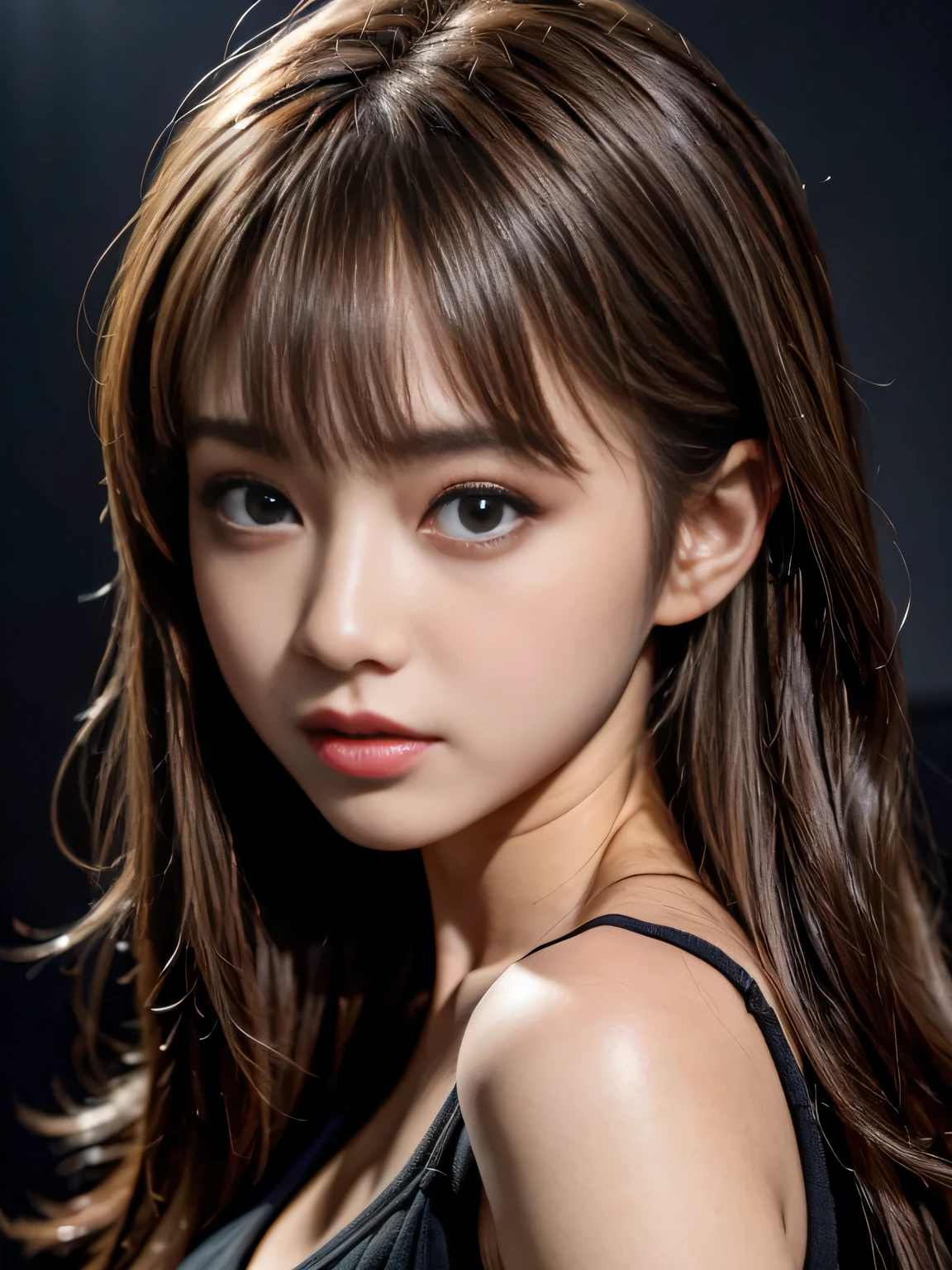 masterpiece, best quality, ultra-detailed, unity 8k wallpaper, hyper detailed, realistic, sharp features, highly detailed, professional quality, Photorealistic, hyper realistic, high resolution, Portraits of Japanese Models, Beautiful Japanese girl, (19yo:1.3), sophisticated look, Perfect facial features, Beautiful Face, Glossy lip, (pink blush), symmetrically eyes, Highly detailed face and skin texture, perfect limbs, perfect anatomy, (chestnut brown hair chestnut brown), diagonal bangs, tight black top, Black fitted clothing, (Slightly open mouth), (sexy face:1.2), deep-shadows, Dark background, gal.safetensors,