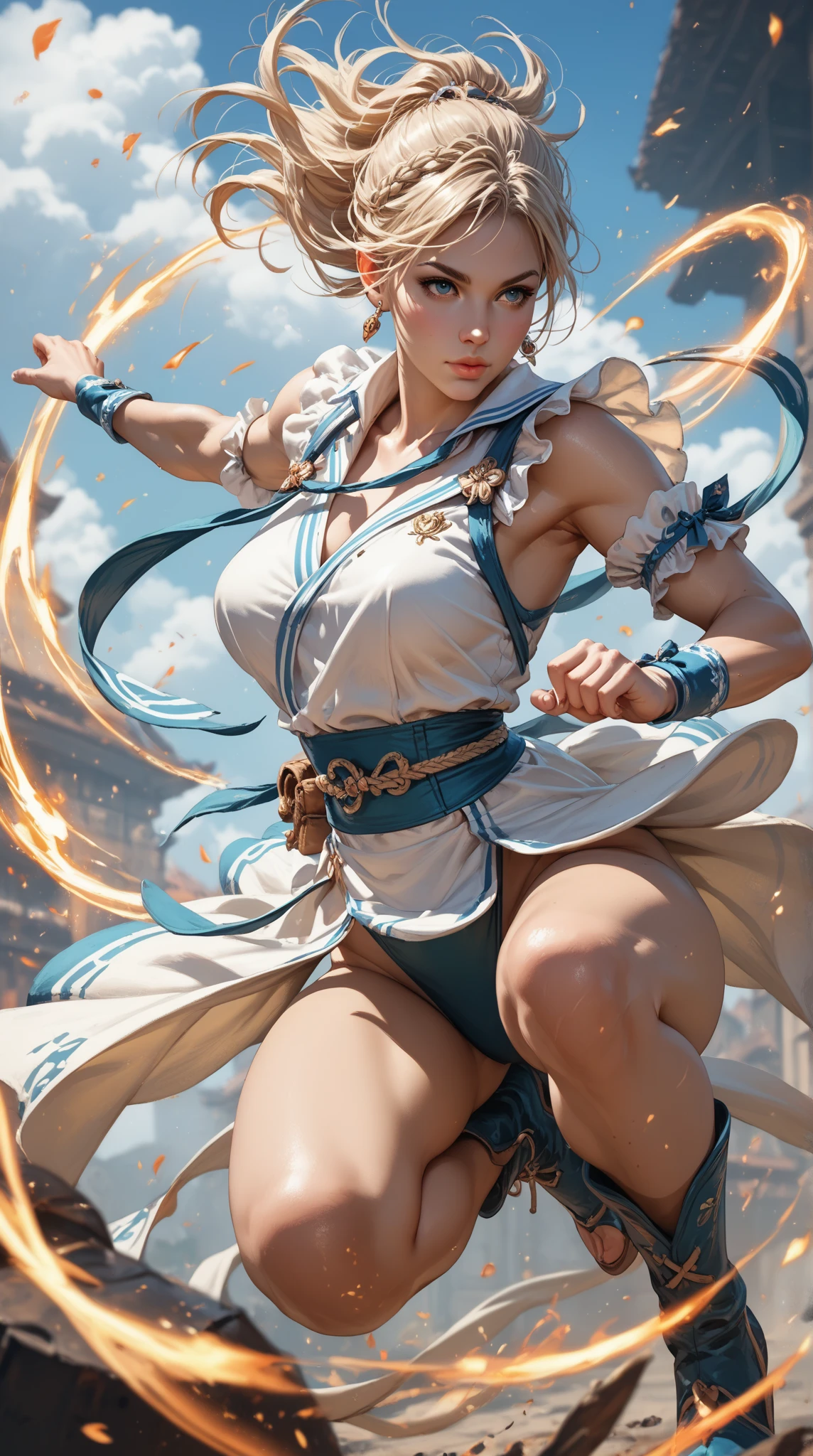 (NSFW), 1womanl, Solo, 24 year old, 7headed body, (cute face), (Ideal ratio body proportions), long , Magic Effects, Fantasia, Toned belly, fighting poses, ((Kungfu)), ((Mini China Costume)), ((Sleeveless)), ((shortpants)), Sexy body, heavy wind, The costume is sheer, Wet, short-hair, Dark hair, small tits, A slender, Small buttocks, beauty legs, Skinny Legs, surrealism, Cinematic lighting, depth of fields, One-person viewpoint, F/1.8, 135 mm, nffsw, masutepiece, ccurate, ((Anatomically correct)), Textured skin, Super Detail, high details, High quality, awardwinning, Best Quality, hight resolution, 8K