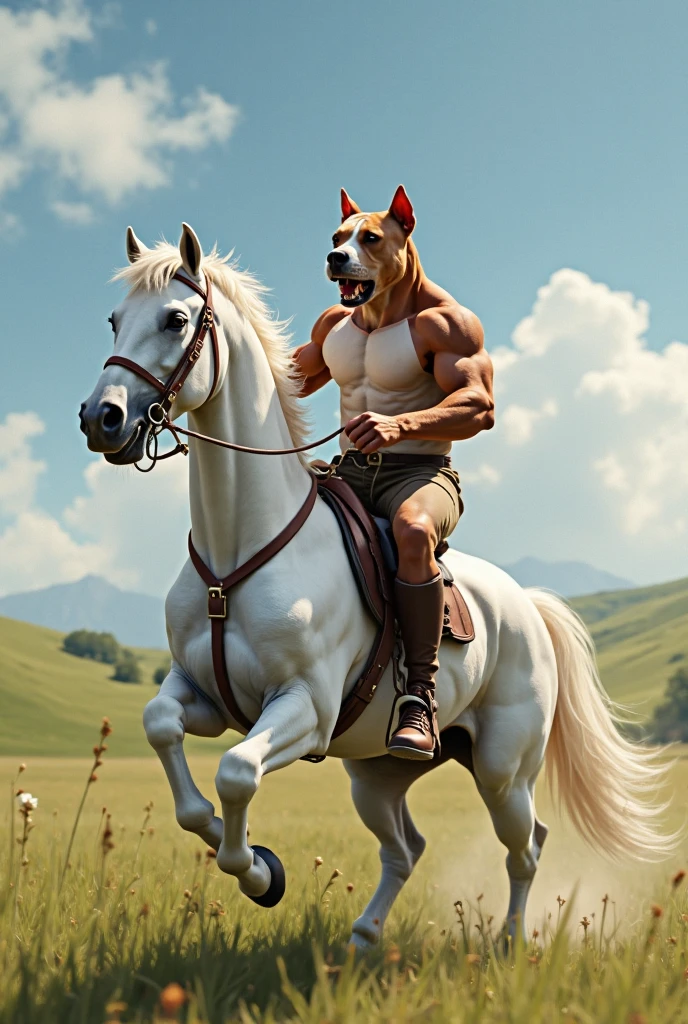 Young man riding a white horse without a shirt