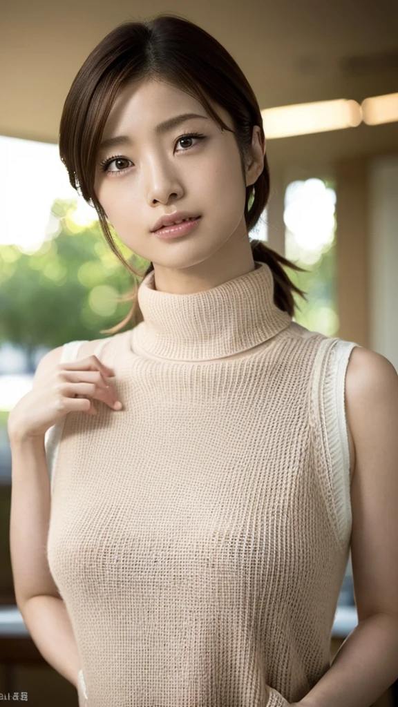 Enhanced dynamic perspective,Cute cute beautiful girl、teacher,(Large breasts:1.3), busty, Flowing sweat, narrow shoulder,((Impossible sweater:1.3)), ((Sleeveless))、(Shorts)、see through,Look at me and smile,simple backgound,Works of masters,high quarity,4K resolution,super-fine,Detailed pubic hair,acurate,Cinematic lighting,Leaves the original facial proportions、cowboy shot
