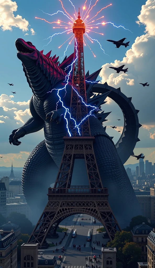 ((masterpiece)), (best quality), official art, extremely detailed CG, unity 8k wallpaper, ultra detailed, 
eiffel_tower, eiffel tower, day, (fire:1.4), (burning:1.4), paris, collapsed, middle age, paris, bastille, stone buildings, french flag, wind, (godzilla:1.3), 
 <lora:eiffel_tower_v1:0.9>