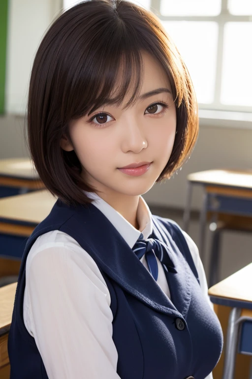 (best quality,8K,Raw photo,Reality,high resolution:1.2),(cute japanese girl),(Big breasts that are about to burst:1.20),(slim body、slender、thin body、naughty body),(Japan High School School Uniform),(school classroom),(18-year-old、difficult、Lofty dream、brown hair、short bob、Male classmate POW、The presence of idoleautiful Reality Asians:1.5、like)、Professional specifications、smile