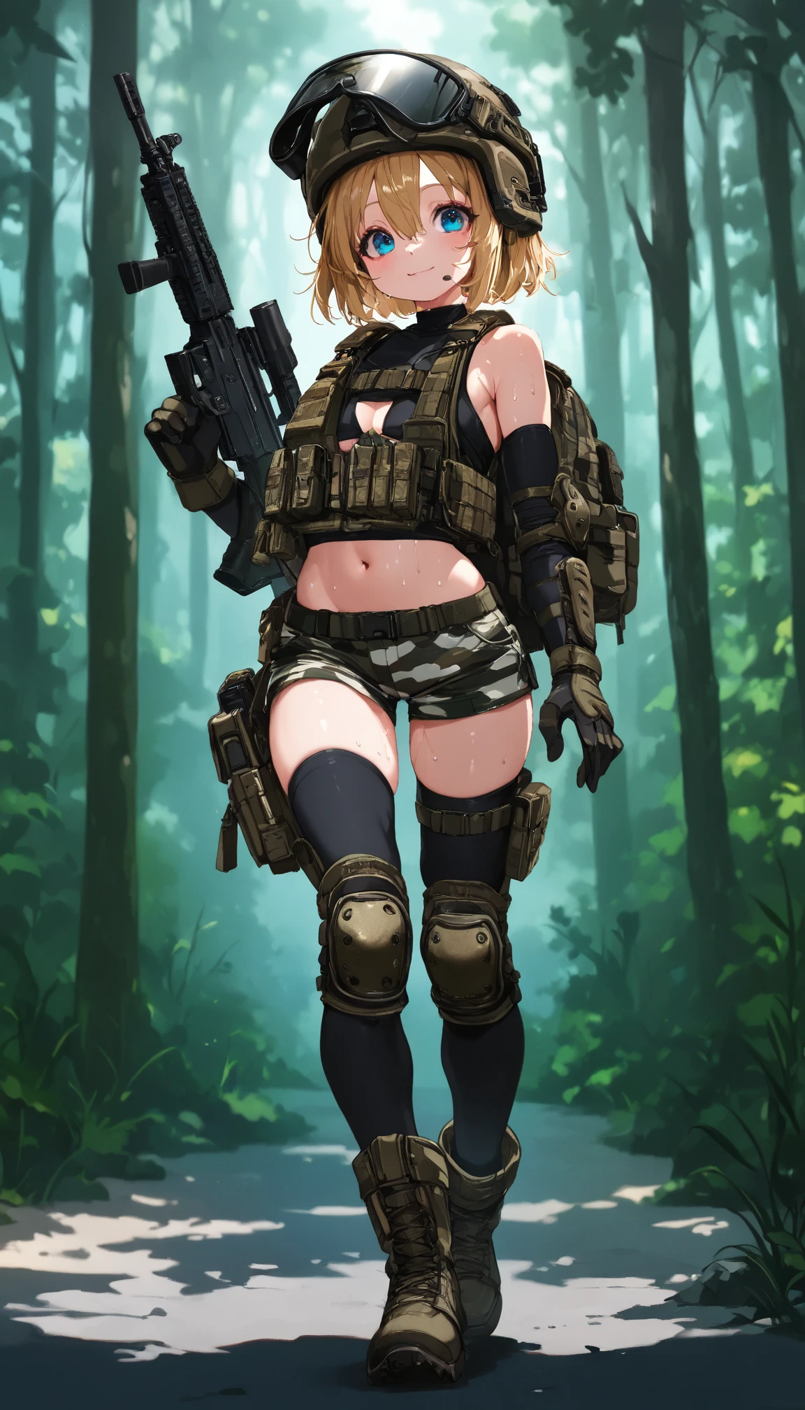 top quality 、 masterpiece、 exists , face 、blushes、smiles、 very young girl 、 cute girl who spilled to one side、( camo print shorts ), blondes, bob hair、hair between eyes、Blue Eyes Tactical Gloves、Tactical Vest、Shoulder armor、Elbow Armor Pads、Knee Armor Pads、OVERKNEE HIGH SOCKS、 military boots , TACTICAL HELMET 、backpack、( Camo Sleeveless Tight Tops , Made of PVC), forest、Illuminated by lighting、I have an assault rifle in my hand、full body、 petite and slender body、B-cup chest、underboob, I'm sweaty、Walking