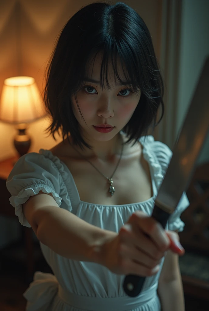 (woman holding a knife cut neck 1.2), natural skin texture, natural fur texture,  24mm, 4k textures, soft cinematic light, adobe lightroom, photolab, hdr, intricate, elegant, highly detailed, sharp focus, ((((cinematic look)))), soothing tones, insane details, intricate details, hyperdetailed, low contrast, soft cinematic light, dim colors, exposure blend, hdr, faded