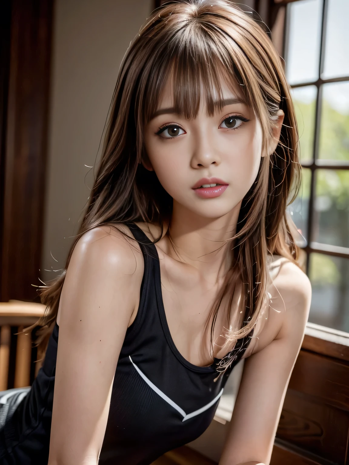 masterpiece, best quality, ultra-detailed, unity 8k wallpaper, hyper detailed, realistic, sharp features, highly detailed, professional quality, Photorealistic, hyper realistic, high resolution, Portraits of Japanese Models, Beautiful Japanese girl, (19yo:1.3), sophisticated look, Perfect facial features, Beautiful Face, Glossy lip, (pink blush), symmetrically eyes, Highly detailed face and skin texture, perfect limbs, perfect anatomy, (chestnut brown hair chestnut brown), diagonal bangs, tight black top, Black fitted clothing, (Slightly open mouth), (sexy face:1.2), deep-shadows, Dark background, gal.safetensors,