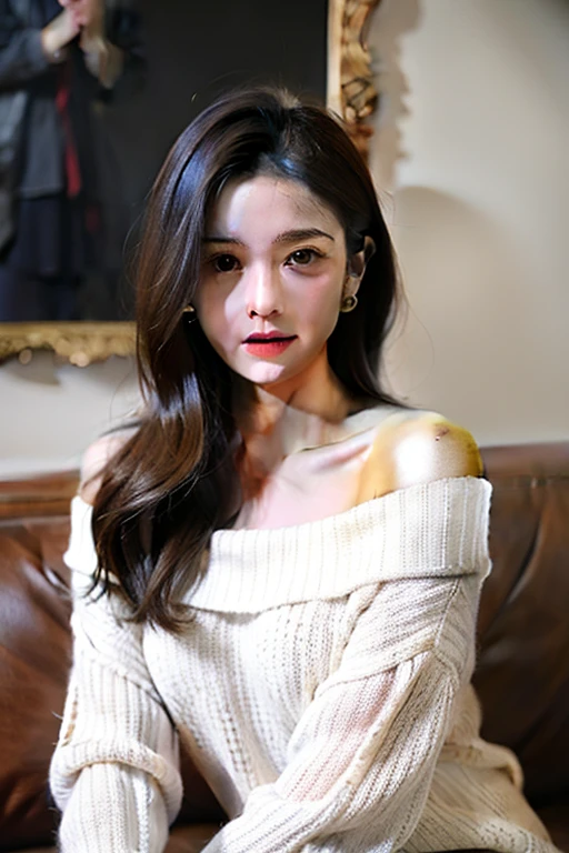 I am a 19 year old girl, Slightly larger hips, Long and straight hair, ((Hair details)) (Face detail), round Face, Smile, masterpiece, high resolution, ((Skin details)), (Face detail), (Hair details)), Large target , Innocent girl,  Face, Soft girl, Beautiful breasts, Pale skin, Realistic lighting, (((off shoulder clothing))), (Casual wear), cute hair accessories, , Ultra HD, Surreal, Full HD,Red turtleneck shirt，Sit，Half Body，