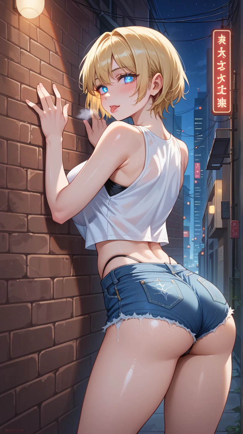 (Superflat, Flat Shading, flat-colors:1.1)、(Magazine Cover)、Illustrations、(Beautiful platinum blonde hair、short-hair、American boyish girl)、crotch open、Smiling、Draw so that the crotch cloth of the beige underwear is visible.、Skirt flipping、((Torn and tattered denim skirt、Beige panties))、Choker、When I look through the viewfinder、A bracelet、Thigh strap、Body Painting、Head tilt、8K resolution、intricate clothing、Intricate details、1girll、Solo、a blond、Standing、Cowboy Shot、Arms at sides、a miniskirt、Detailed panties、((from behind、hindquarters、heart cutout、hip incision))、Volumetric lighting、Soft light、Bright、neons、Vibrant colors、watercolor paiting、
