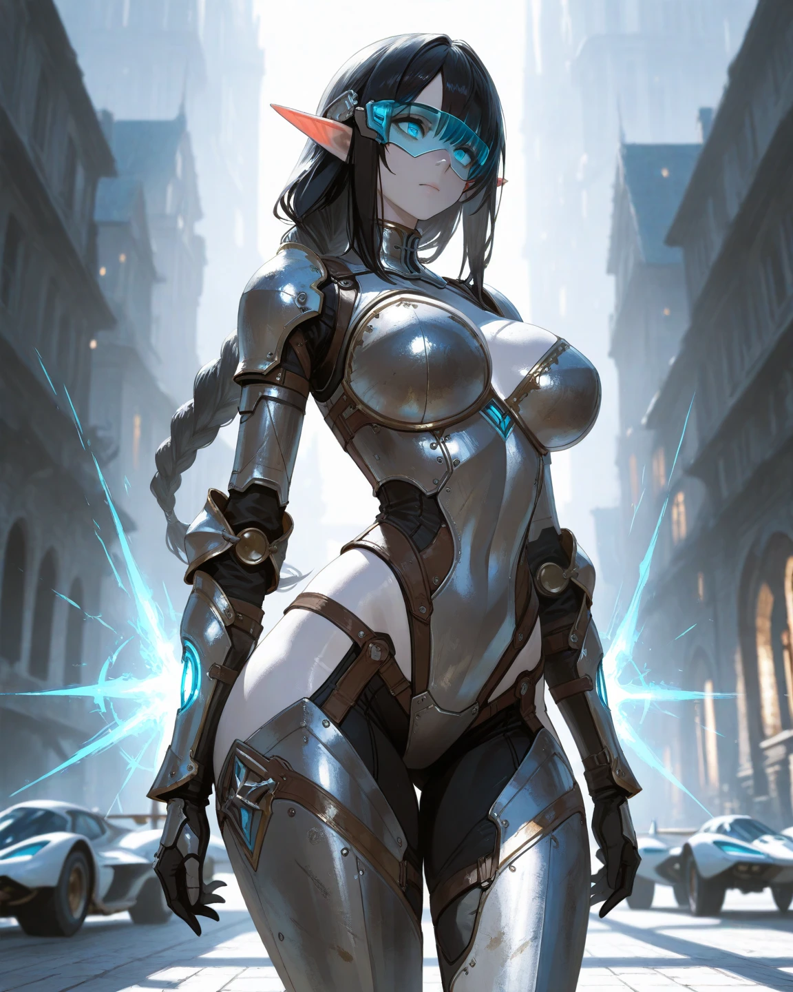 (masterpiece), (best quality:1.4), (perfect anatomy:1.4), high quality, expressive eyes, full body, tall girl, detailed face, beautiful face, perfect face, breasts, cleavage, gloves, A photograph of mid-twenties Japanese female android made of shiny white and silver translucent glass and plastic, geisha makeup and hairstyle, silver metal internal body mechanisms, dynamic pose, flowing organic construction, glowing golden circuitry, colorful neon trim, glowing circuitry, neon trim, depth of field focus f/2.8, art by H.R. Giger, Greg Rutowski, bodysuit, thick thighs, toned, emblem, superhero, dynamic lighting, 4k resolution, dynamic pose, weapon, energy weapon, cover, mecha musume, fortified suit, mechanical parts, headgear, robot joints, bodysuit, deva battle suit, gloves,