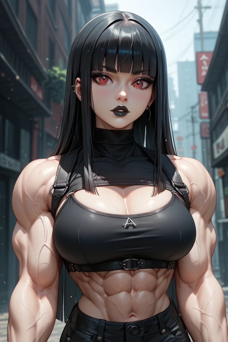 masterpiece, realistic, detailed, young woman, (hypermuscle:1.8), long straight black hair, goth, ((loose baggy oversized black band tshirt)), (innocent expression:1.2), black lipstick, small waist, massive thighs, headphones, tattoos, (detailed face, beautiful face, realistic face), (huge lips) walking, crowded street