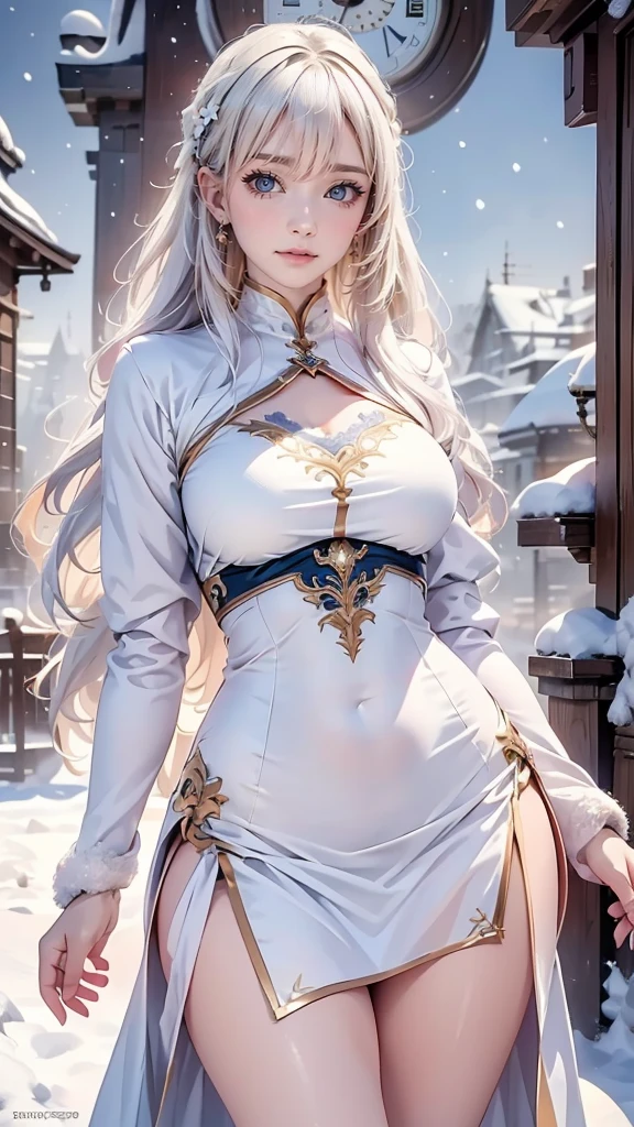 a beautiful woman holds blooming flowers, in the style of kawacy, white and silver, sam spratt, snow scenes, exaggerated nobility, comic art, artgerm