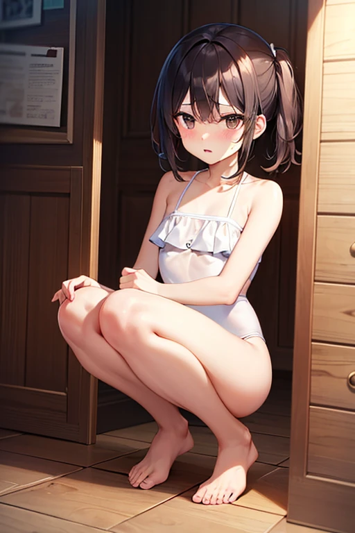 top-quality、Full limbs、complete fingers、Slender beauty、1 persons、Small eyes、embarassed expression、white school swim suit、knee high、Bery short hair、hime-cut