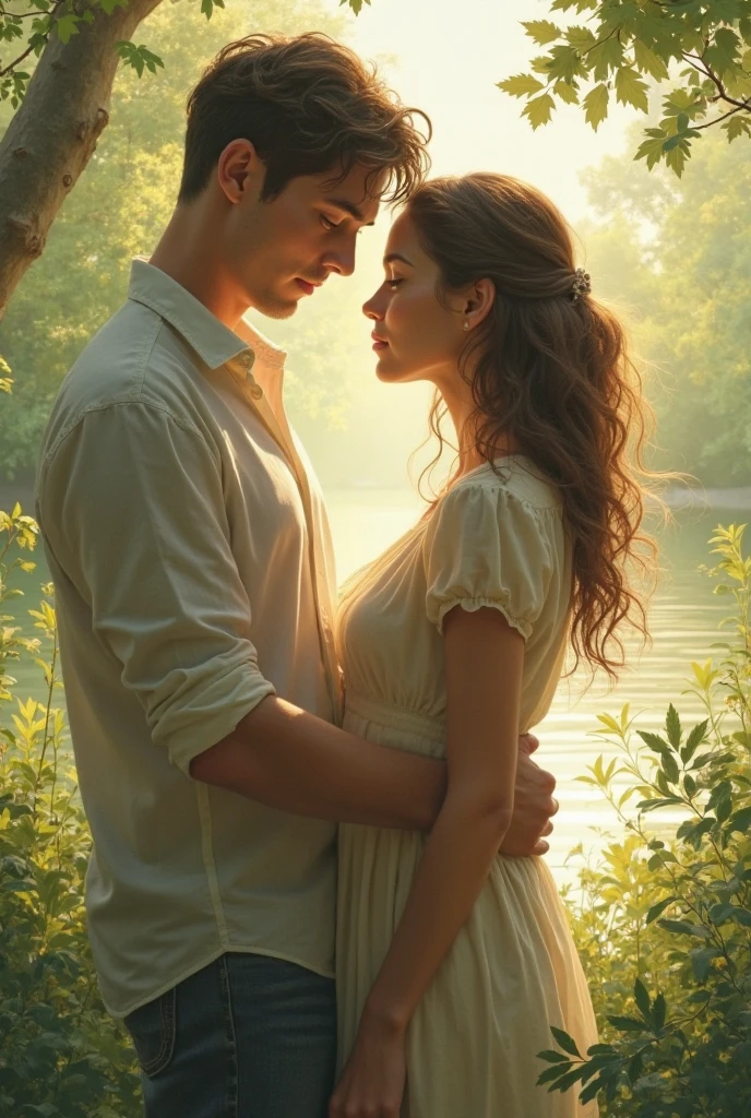 Adam and Eve,garden,beautiful detailed eyes,beautiful detailed lips,extremely detailed eyes and face,longeyelashes,1boy,1girl,illustration,highres,ultra-detailed,realistic,HDR,studio lighting,physically-based rendering,professional,vivid colors,portraits,hebrew lyrics,soft pastel colors,sunlight filtering through trees