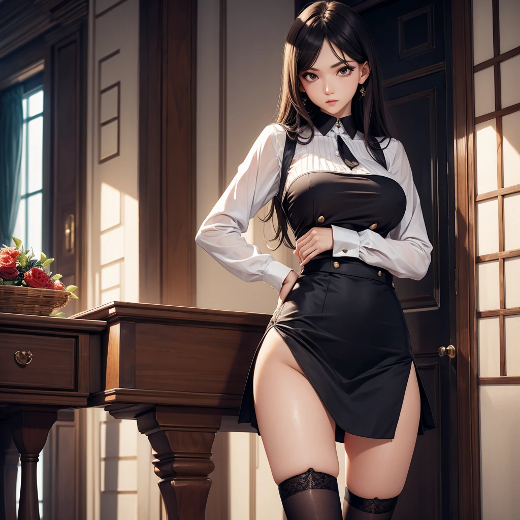 Chiori, (genshin impact), Sexy aesthetic wet short skirt white shirt short black skirt black stockings long hair glasses hands raised