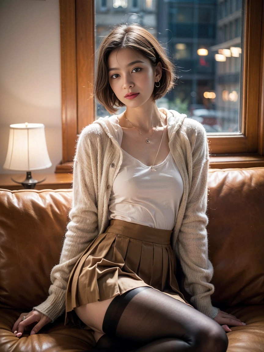1 female, (Beautiful face with detailed shading), whole body, 40s, (Big Breasts), Beaver, Brown eyes, (Pink Cardigan), Open cardigan, White Camisole Blouse, (Yellow pleated skirt), Sitting on the bed, ((masterpiece)), ((Highest quality)), (Very detailedな), ((attractive)), ((Very detailed)), 4K, (8k), Highest quality, (beautiful),(((World Class Quality))), Very detailed, High resolution,
