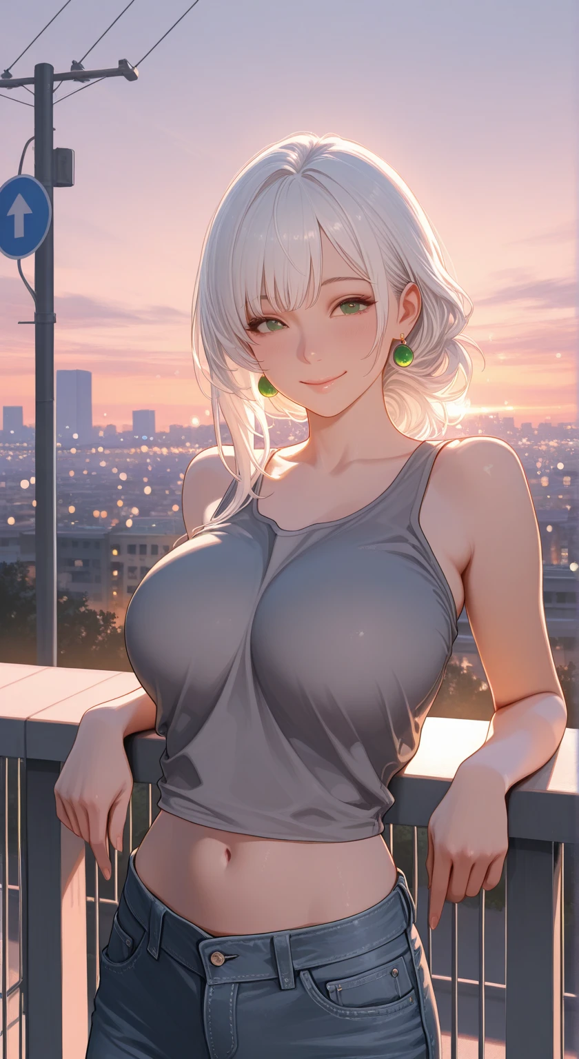 solo, 1girl, medium breasts, (dark skin:1.5), white hair, pixie cut, braided hair, yellow eyes, wide hips, looking at viewer, white dress, plunging neckline, cleavage, cute, idol, balcony, dancer, detailed eyes, seductive smile, happy, round breasts, perky breasts, petite,