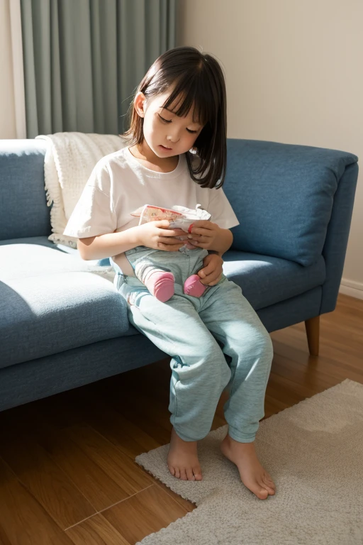 Little girl on top,Looking down,from below,sitting in the couch