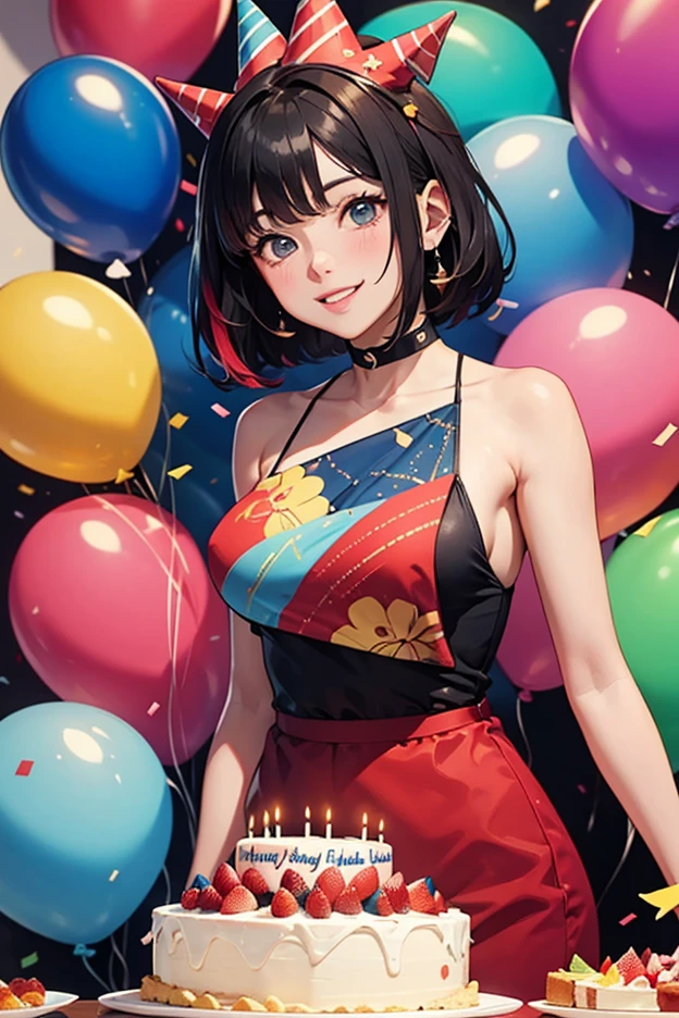 (Perfection), masterpiece, 1girl, birthday, black hair color, birthday party, birthday cake, sitting by table, cute, big boobs, happy expression, smiling, happy birthday, sitting by table, adults, short hair, bob haircut,l, short black bob hair, confetti, amazing scenery, birthday decorations, painted nails, birthday hats, adorable, ethereal scenery, gold birthday cake, shiny pink dress, laying on bed, multiple cakes, bending over, standing, embarrassed, audience behind, celebrating, happy birthday text on cake, blushing