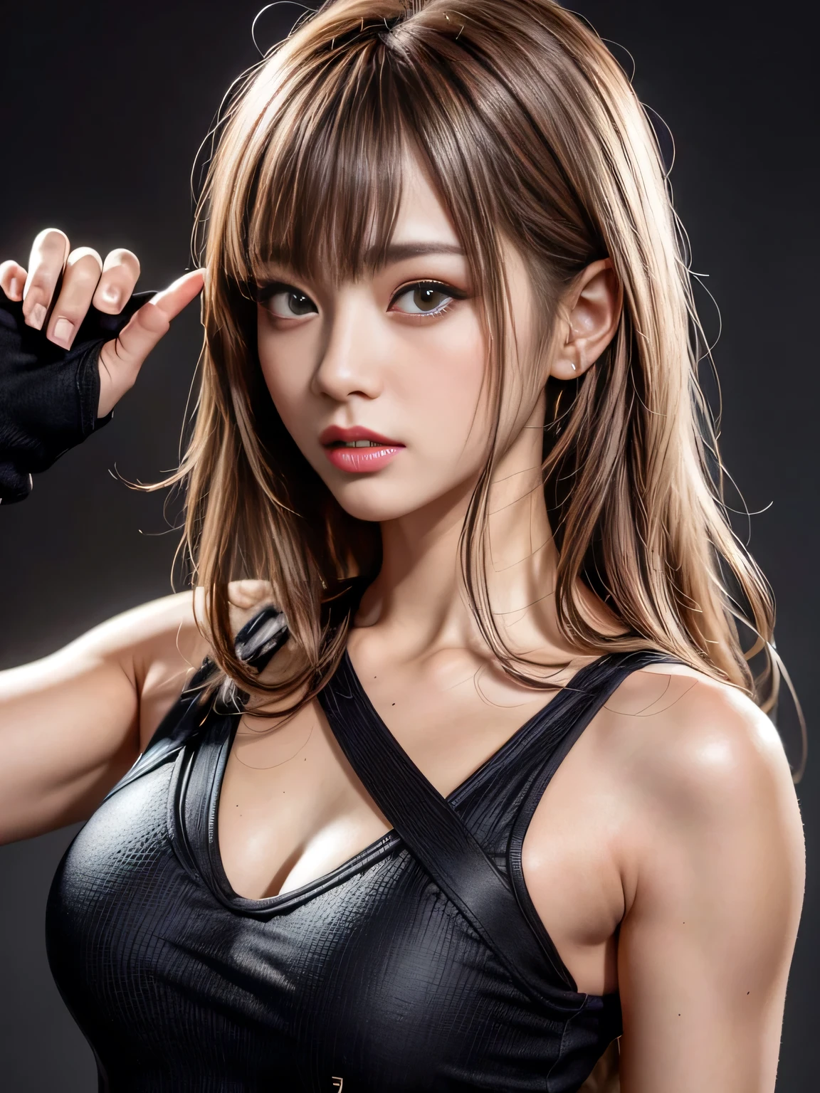 masterpiece, best quality, ultra-detailed, unity 8k wallpaper, hyper detailed, realistic, sharp features, highly detailed, professional quality, Photorealistic, hyper realistic, high resolution, Portraits of Japanese Models, Beautiful Japanese girl, (19yo:1.3), sophisticated look, Perfect facial features, Beautiful Face, Glossy lip, (pink blush), symmetrically eyes, Highly detailed face and skin texture, perfect limbs, perfect anatomy, (chestnut brown hair chestnut brown), diagonal bangs, tight black top, Black fitted clothing, (Slightly open mouth), (sexy face:1.2), deep-shadows, Dark background, gal.safetensors,