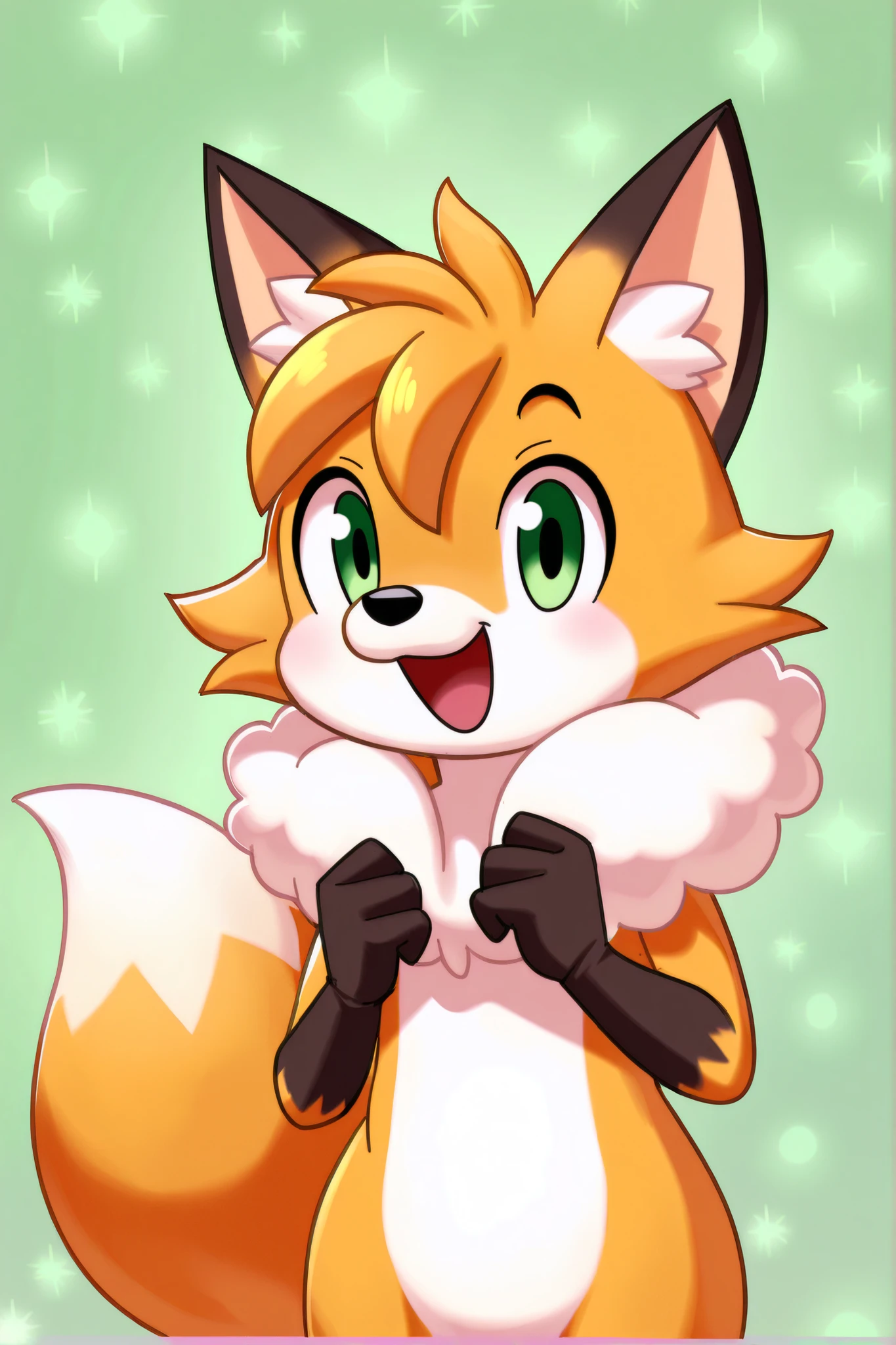 smiling fox character, orange fur with white accents, , stylized fur resembles hair with bangs, in a fluffy white collar, Black glove on one hand, relaxed posture, , gently touching the collar, , looking at the viewer with a confident look, green eyes, bright and smooth colors, Illustrated style, , soft green textured background, warm and welcoming atmosphere, centered composition
