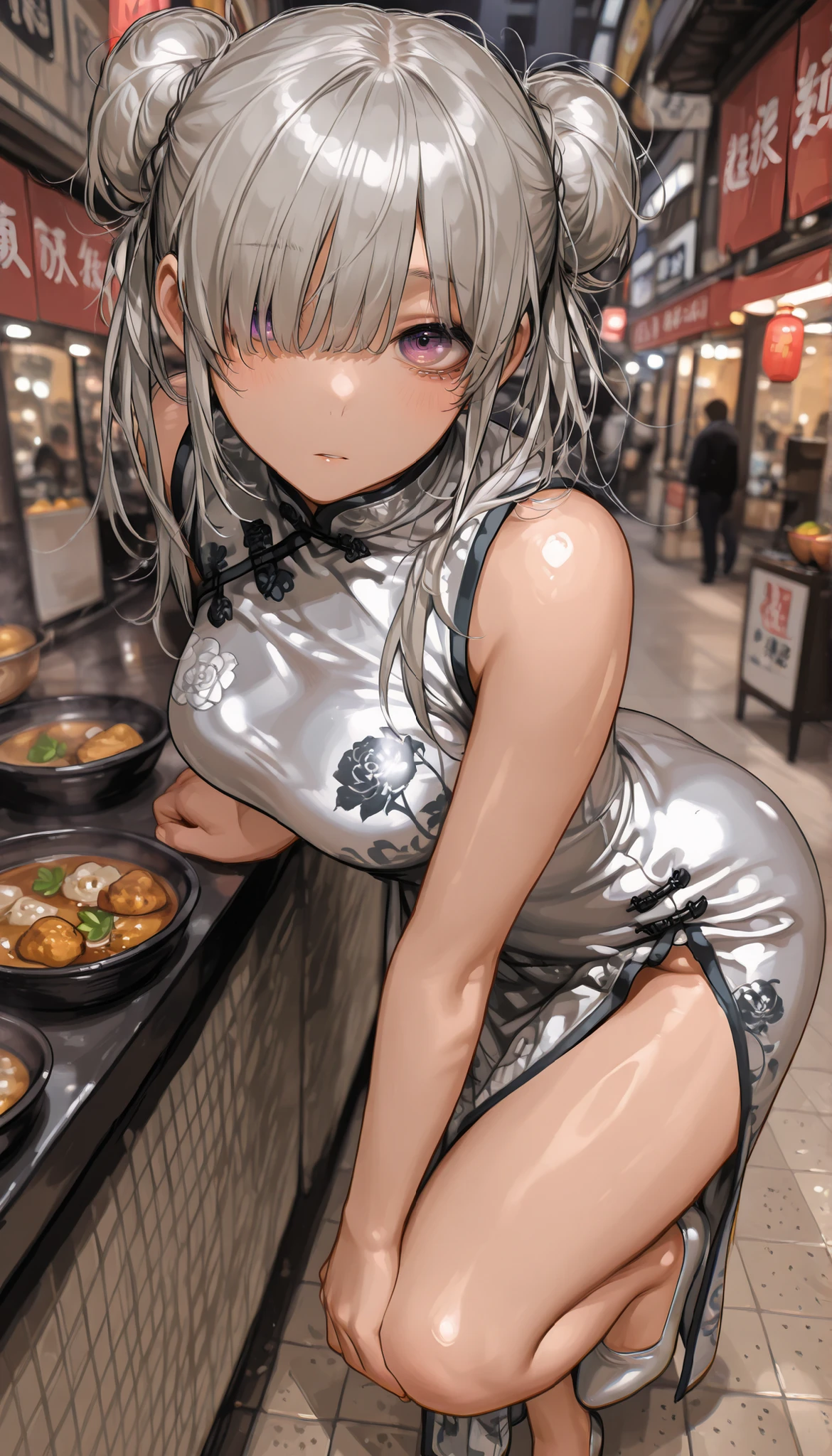 8k、 masterpiece、最High Quality、Highest Level、ultimate image quality、complicated details、high resolution、 depth field、natural light、professional lighting、(1 girl), (dynamic pose:1.3)、Animated works, fight scene, The blathead, (Food stalls :1.3), (Xihua Street, Big city background), Very beautiful manga girl、white china dress, (natural breasts), (perfect anatomy), Beautiful purple eyes、thick eyes, shiny silver hair, long hair, toe hair, twin tails, hair covering one eye, messy hair, Xihua Street, Food stalls , (accurate and detailed china dresses:1.3), (natural light:1.3)、最High Quality、masterpiece、High Quality、high resolution、very detailed、Thorough、超high resolution、8k, Professional Quality、perfect lighting、anatomically accurate、