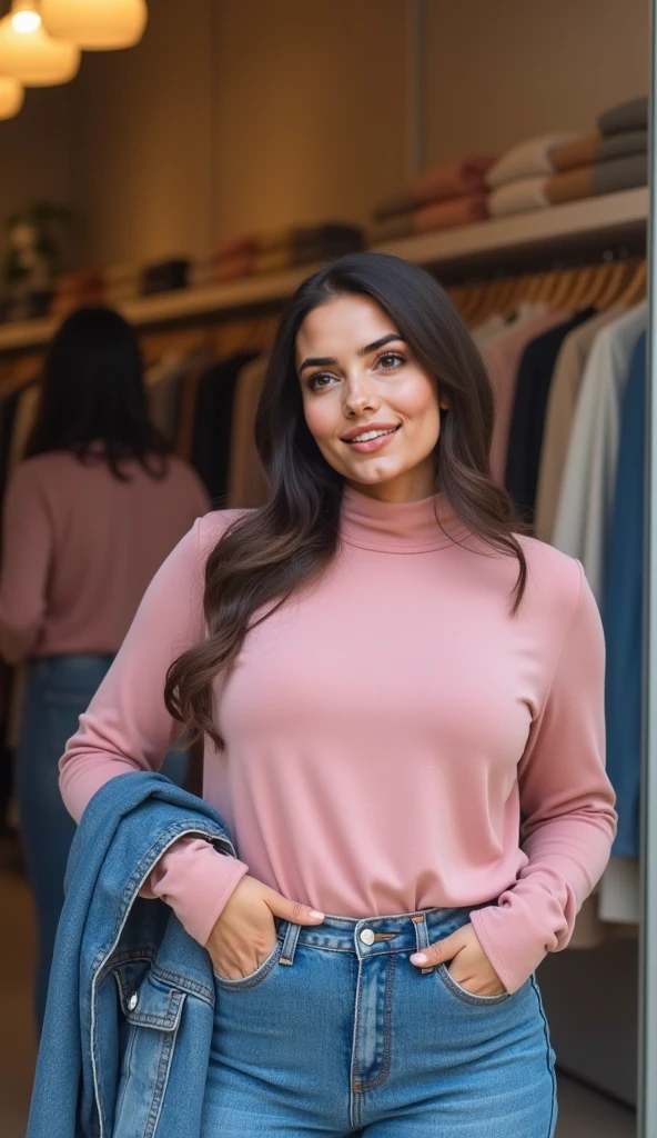 1girl, far from camera, (24mm wide angle lens:1.5), (medium cowboy shot), (side view:0.9), (young Penelope Cruz aged 18), (candid), (casual), fun, excited, happy, (cute), joy, soft lighting, backlit, younger, (extremely tall teenager aged 18:1.25), (extremely long torso:1.25), (extremely long neck:1.25), (skinny), (arafed), (slim), symmetric eyes, (large head:1.2), coffee shop, trendy, latte, busy, barista, diverse people, symmetric breasts, dark long-sleeved heavy knit sweater, plain long floor-length cotton pencil skirt, (long full auburn hair), (huge colossal gigantic sagging breasts), (big flowing extremely long wavy hair:1.25), bangs, making coffee, coffee machine, (dimples:1.25), freckles, symmetric hoop earrings