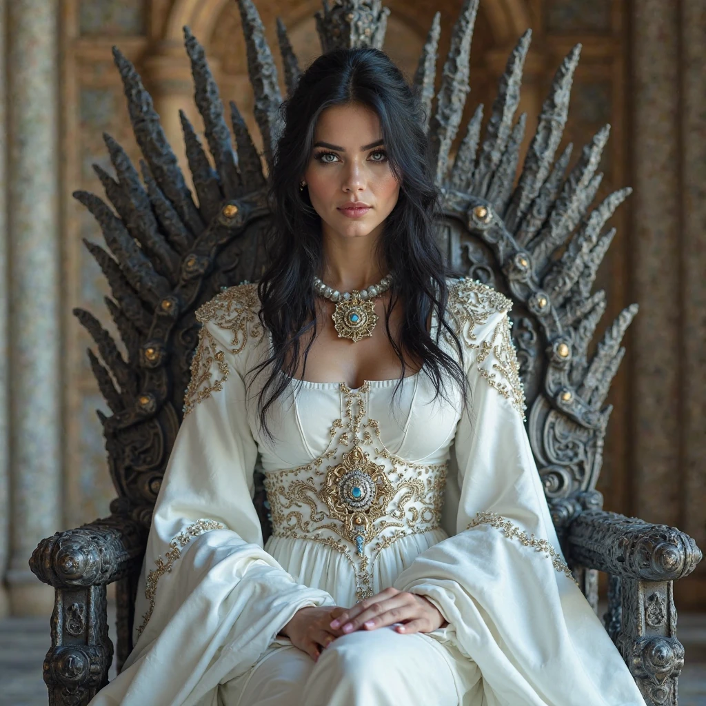 (photorealism:1.2), beautiful bengali bride, big breast, big nipples, sitting on game of thrones iron chair, with royal wedding decoration, long curly hair, indoors, soft lighting, relaxed pose, realistic, intricate details, warm colors.