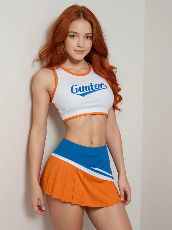 Redhead, irish girl, straight long hair, cheerleader outfit, busty, horny photo, thick thighs, lockerroom photo