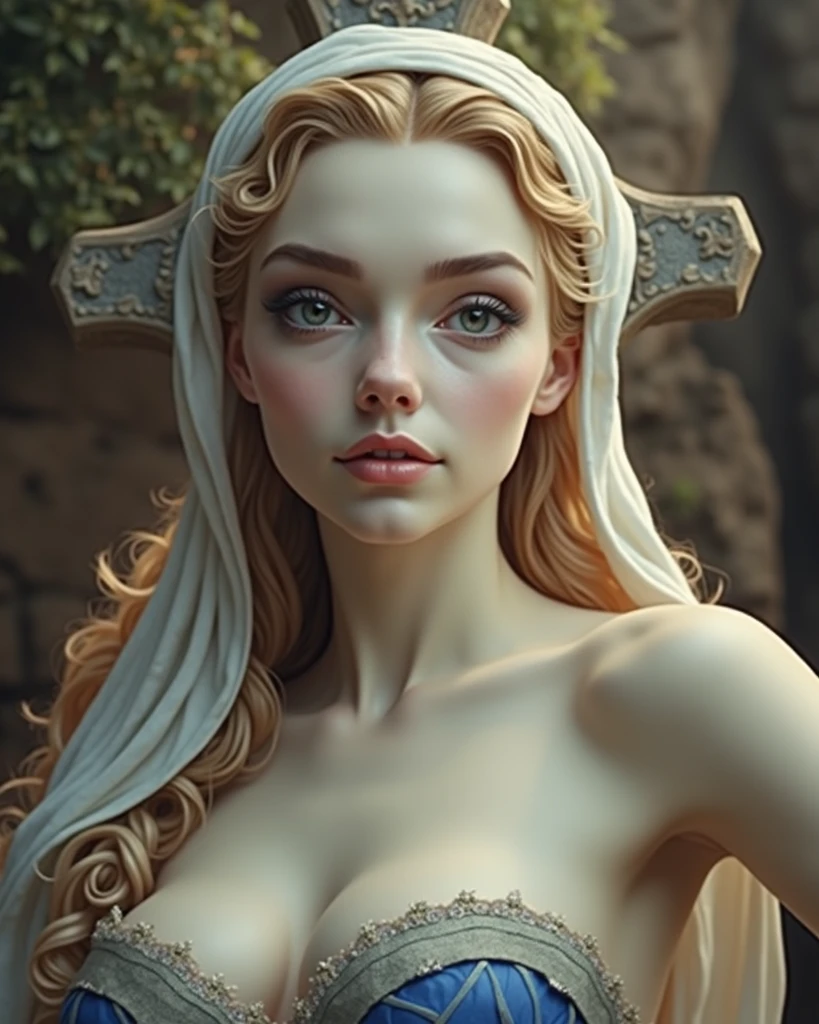 a marble statue of medusa adorned in decorative silver jewelry, her (fangs:1.2) are bared, standing in a misty (cemetery:1.2) surrounded by gravestones, snake tail, detailed eyes, masterpiece, best quality, intricate detail, absurdres, chromatic aberration, depth of field, professional photography, soft lighting, tone mapped, highly detailed, sharp focus, dramatic lighting, intricate details, cinematic, 8K, incredible shadows, realistic, (highly detailed background:1.0)