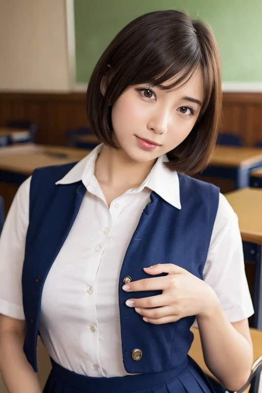 One Girl, (Beautiful girl, Delicate girl:1.3), (13 years old:1.3),
break, ( Student uniforms being taken off:1.2), skirt,
break, (Street Snap:1.2),
break, Very beautiful eyes, (Symmetrical eyes:1.3),
break, Huge breasts, Brown eyes, Parted bangs, Brown Hair, (Curly Hair:1.2), (Upper teeth, The best smile:0.2),
break, (Eye and facial details:1.0),
break, (masterpiece, Highest quality, Super detailed, Detailed face, 8K)、((Big Tits:1.5))、((In the classroom))、(((A big bust that seems to burst)))