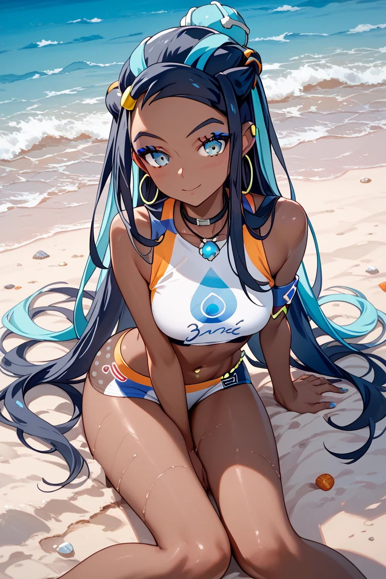 2d, masterpiece, best quality, anime, highly detailed eyes, highly detailed face, highly detailed background, perfect lighting, cowboy shot, feet out of frame, 1girl, solo, nessa \(pokemon\), character_pokemon_nessa, beach, smile, dynamic pose, bikini, jewelry, hair ornament <lora:nessa:0.4>