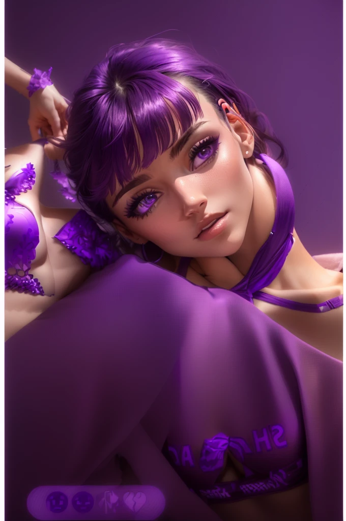 1 girl, dark purple skin, colored skin, purple hair, blue eyes, sexy, cinematic, volumetric lighting, soft lighting, rim lighting, glittering, nsfw,