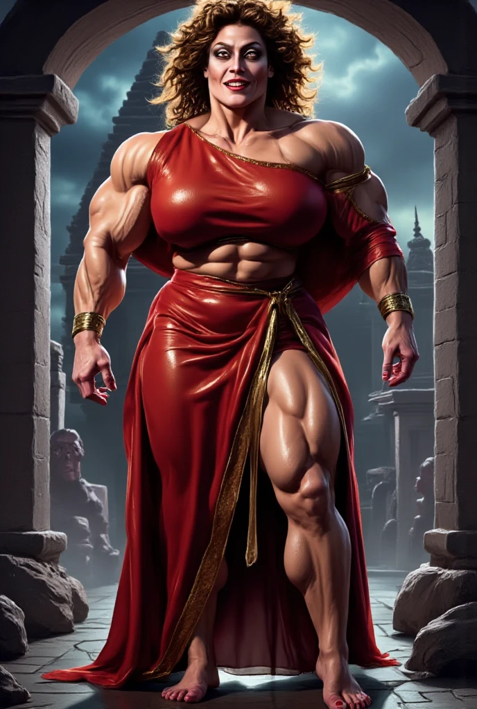 Megan fox as Vampirella, (wearing a red vampirella outfit:1.25), (muscular physique, pale skin, red glowing eyes:1.25), walking down a cemetery on a moonlit night, full moon, dark gothic atmosphere, thin legs, Realistic, Very detailed face and eyes, (masterpiece:1.1), (best quality:1.1), (ornate:1.1), (beautiful girl face:1.25)