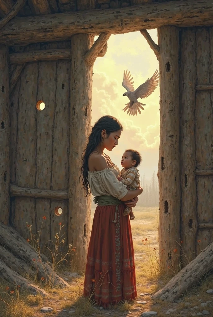 Create a painting using the impressionist technique with vivid colors accompanied by ochres and browns, In the image, a Mexican peasant woman of about 25 years of age will appear in the foreground., dedicated to the harvest of coffee beans, will only appear in three-quarter front bust size, She will be breastfeeding her baby boy about a year old dressed in simple clothes, Behind them will appear a huge Mexican golden eagle with its wings open and giving the impression that it is protecting this family with its wings., In the background you can see a diffuse landscape of the Veracruz coffee mountains, You can include the woven straw basket used for harvesting the coffee bean called cherry.
