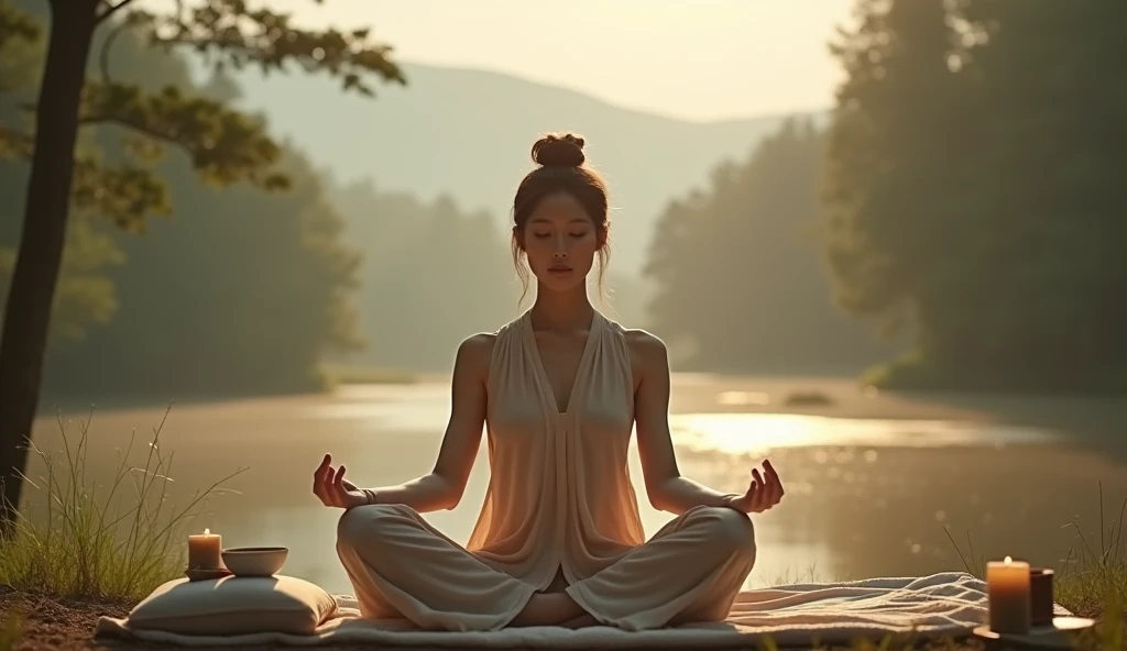 a chinese and beautiful women,Wear yoga clothing,Sit on a stone and meditate, at centre,cosmic energy,Particle light,Bright colors,Art germ,,Visual harmony, Mysterious mechanics, Queen's seat