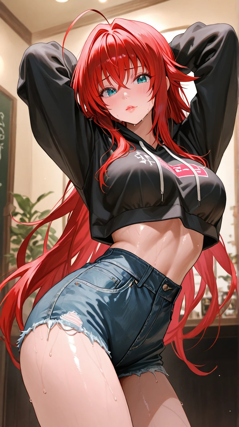 front view detailed body, long belly , Slender body, tight body , thicc, large breast, breast, long thighs, masterpiece, long hair, very long hair, bangs, red hair,hair_between_eyes, very_long_hair, red_hair, huge_ahoge, green eyes, 1girl, solo, shirt, t-shirt , short shorts, crop top, under boob, armpit, wet clothes, dolphin shorts, wet, body, park, outdoors, day, cowboy shot, front shot ,20yo,Young female,Beautiful Finger,Beautiful long legs,Beautiful body,Beautiful Nose,Beautiful character design, perfect eyes, perfect face,expressive eyes, looking at viewer,(full_body),(Focus on her face), official art,extremely detailed CG unity 8k wallpaper, perfect lighting,Colorful, Bright_Front_face_Lighting,shiny skin, (masterpiece:1.0),(best_quality:1.0), ultra high res,4K,ultra-detailed, photography, 8K, HDR, highres, absurdres:1.2, Kodak portra 400, film grain, blurry background, bokeh:1.2, lens flare, (vibrant_color:1.2) (Beautiful,large_Breasts:1.4), (beautiful_face:1.5),(narrow_waist),