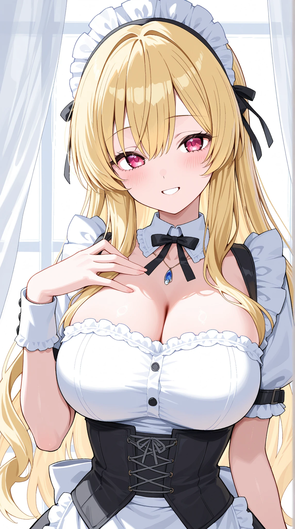 masterpiece、highest quality、Noise Reduction、One Woman、Huge breasts、Long chest、Exposing the breasts、Smile with the corners of the mouth raised、Exposed nipples、The whole body is projected、Overlooking here、blonde、Long Hair、The chest is exposed、topless、Dark Eyes