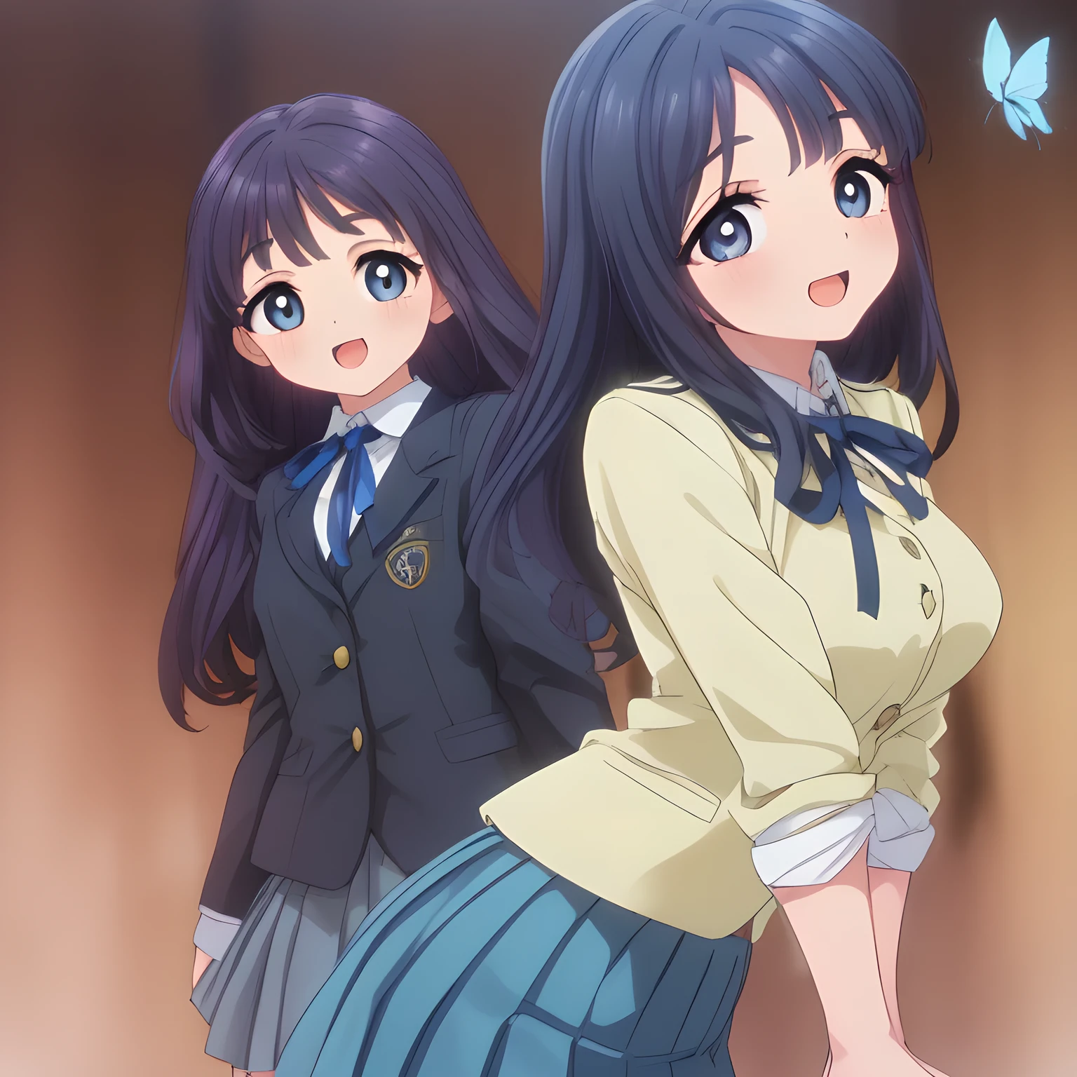 (highest quality, masterpiece:1.2), highest quality, High resolution, 1080p, 8K, (A Too beautiful noble woman (intelligent and perfectly balanced slender style like goddess of beauty), neat & clean, lovely strong charm, cutely tilted head, fluttering: 2), (Too noble beautiful like a love-story comic heroine), ((neat innocent ears)), ((white smart face)): 1.2), (Too beautiful fascinating shiny (double-lidded) (thin blue eyes), ((deep upper girly eyelid)), ((huge eye pupils)), laughing with detailed clearly: 1.5), ((amazingly beautiful bobbed neat dark blue hair : 1.5)), (slender, small face: 1.5), (dark blue school blazer, evil golden emblem, pleats skirt, with butterfly neck ribbon : 1.5), (classic schools entrance background: 1.2)