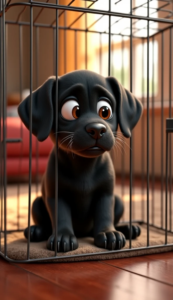 A pure black curly Teddy puppy,Holding an orange ball toy,Looking at the front of the screen。