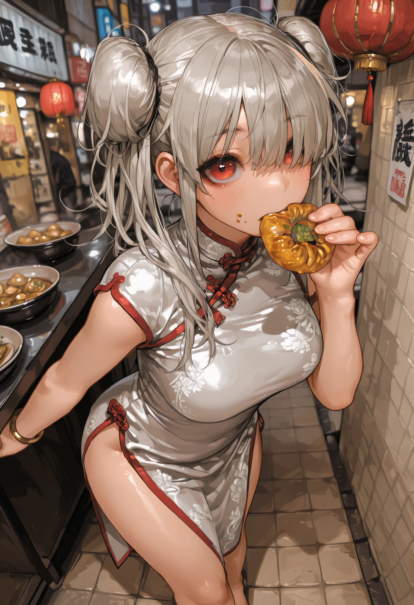 8k、 masterpiece、最High Quality、Highest Level、ultimate image quality、complicated details、high resolution、 depth field、natural light、professional lighting、(1 girl), (dynamic pose:1.3)、Animated works, fight scene, The blathead, (Eating Xiaolongbao:1.3), (Xihua Street, Dim Sum Stall, Big city background), Very Beautiful Cartoon Girl、white china dress, (natural big breasts:1.3), (perfect anatomy), Beautiful Red Eyes、thick eyes, shiny silver hair, long hair, toe hair, twin tails, hair covering one eye, messy hair, Xihua Street, Food stalls , (accurate and detailed china dresses:1.3), (natural light:1.3)、最High Quality、masterpiece、Official Art、High Quality、high resolution、epic scene, very detailed、Thorough、超high resolution、8k, Professional Quality、perfect lighting、anatomically accurate、