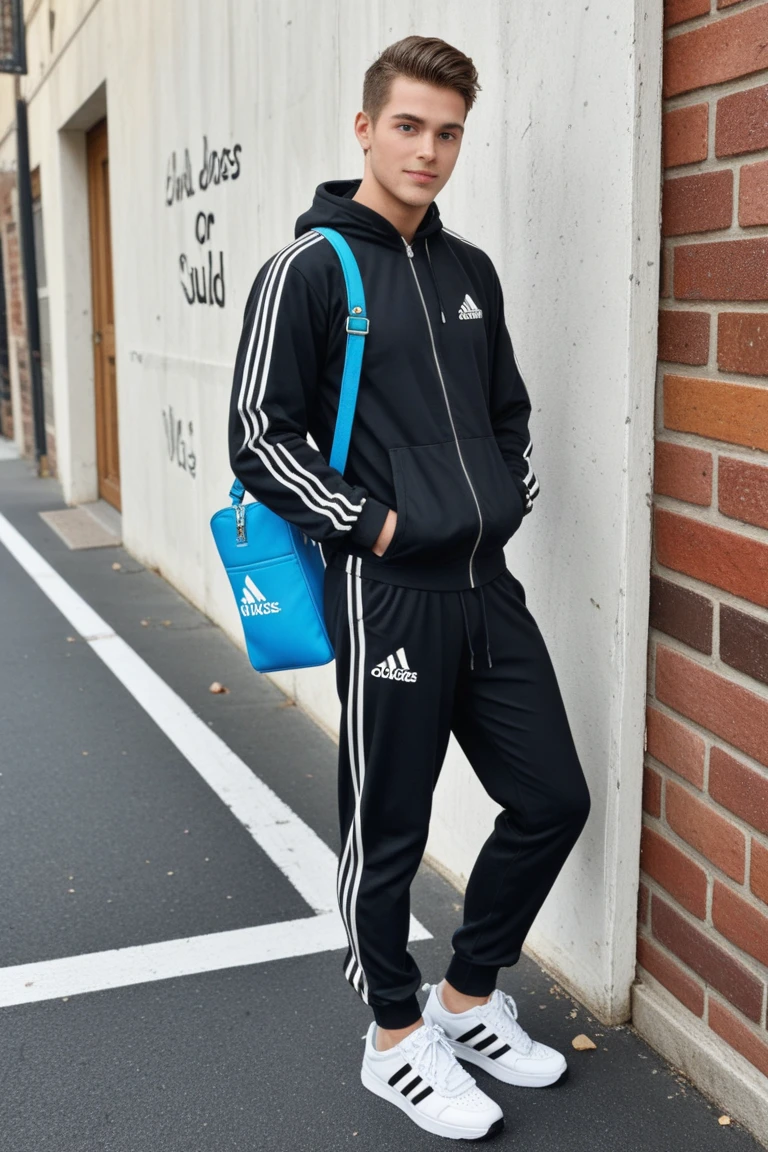 A boy in sweatpants, white blouse, Adidas sneakers and a black backpack