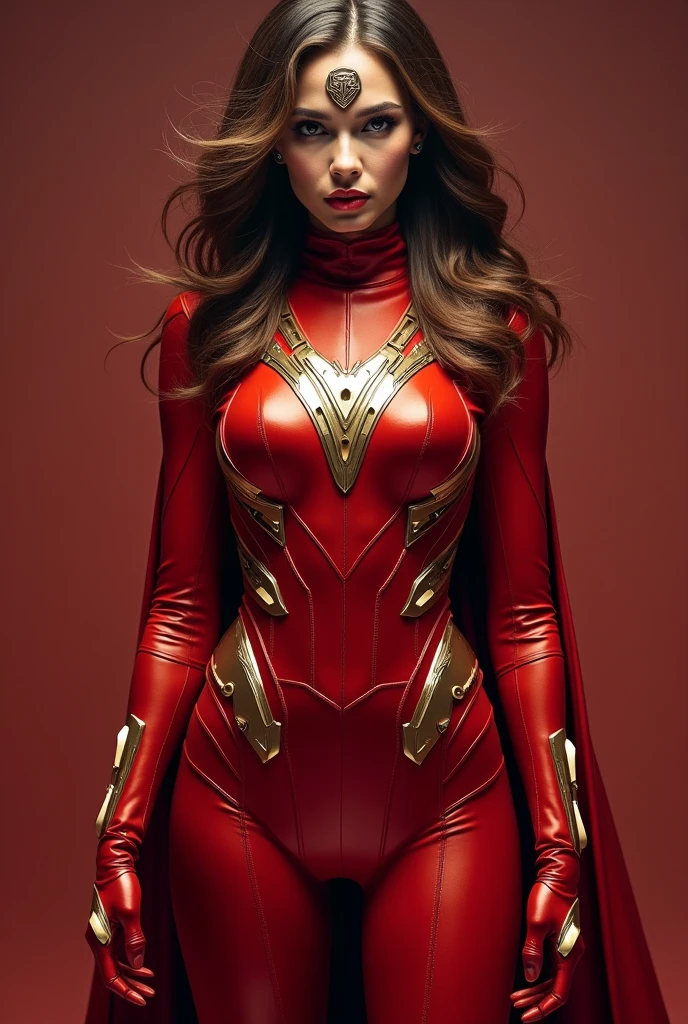 A female Flash Gordon character depicted in a form-fitting red outfit that blends 1930s Art Deco elegance with futuristic flair, featuring a metallic bodysuit adorned with sharp, angular patterns and bold, geometric accessories. Her look is completed with a dramatic, high-collared cape and a sleek helmet, combining the adventurous spirit of sci-fi with the luxurious, streamlined style of the Art Deco era