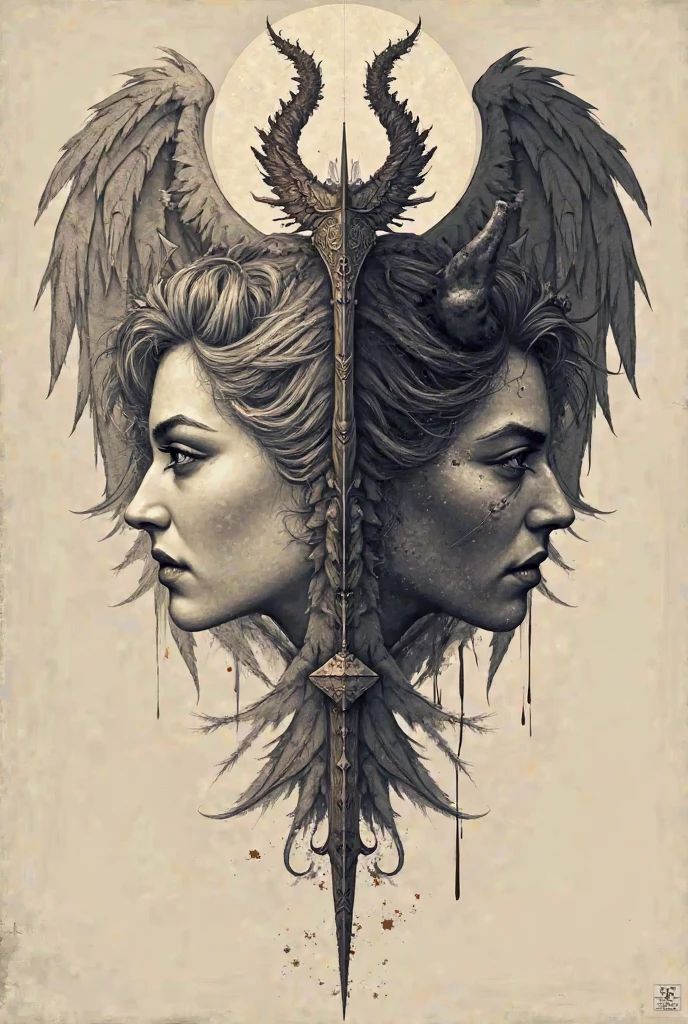 Tattoo sketch so that it can be transferred to the skin in underground style, tattoo will not be big without realism for a long time, there should be a demon and an angel on it who are fighting together but are far from each other