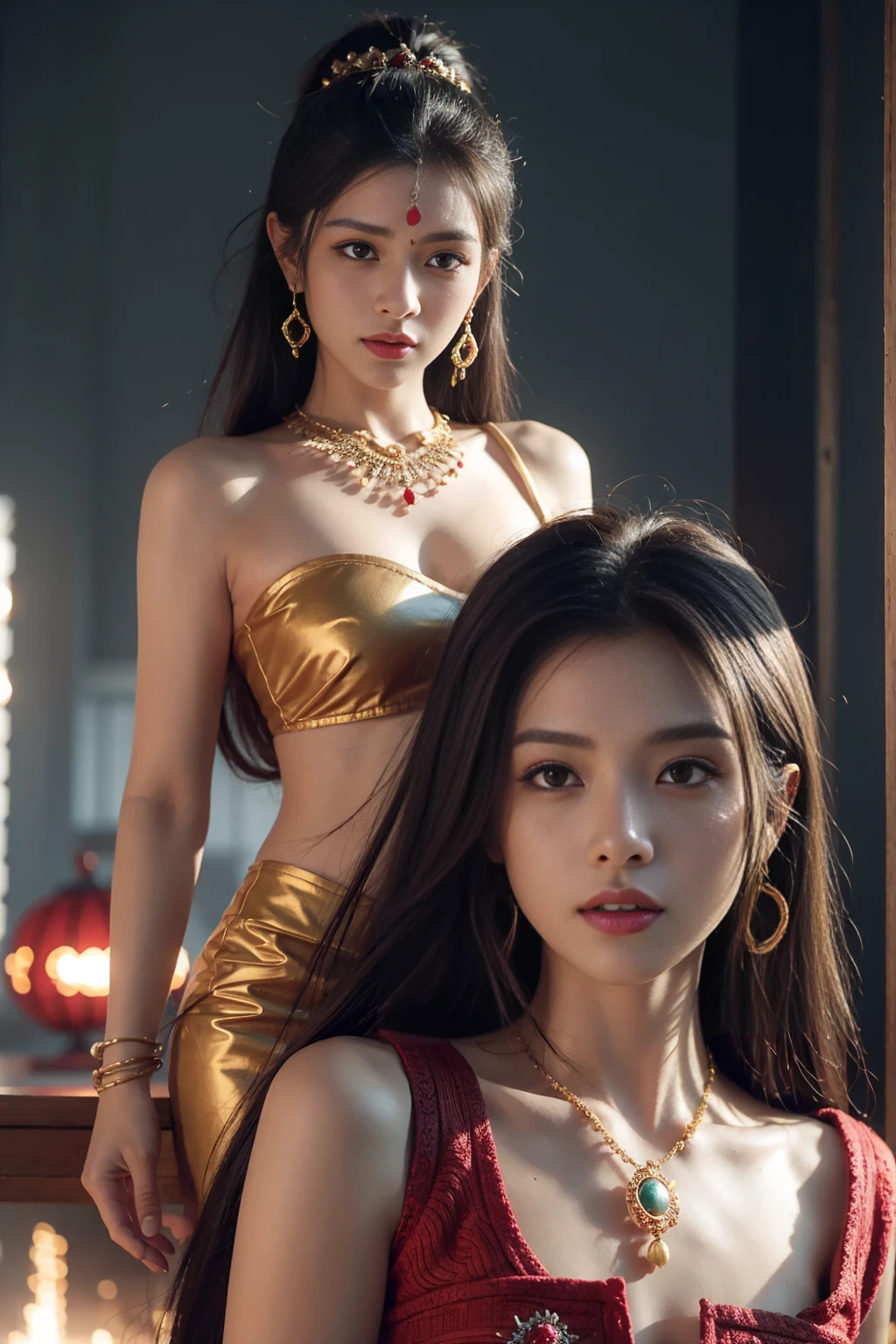 golden dragon and red dragon holding an orb at the same time