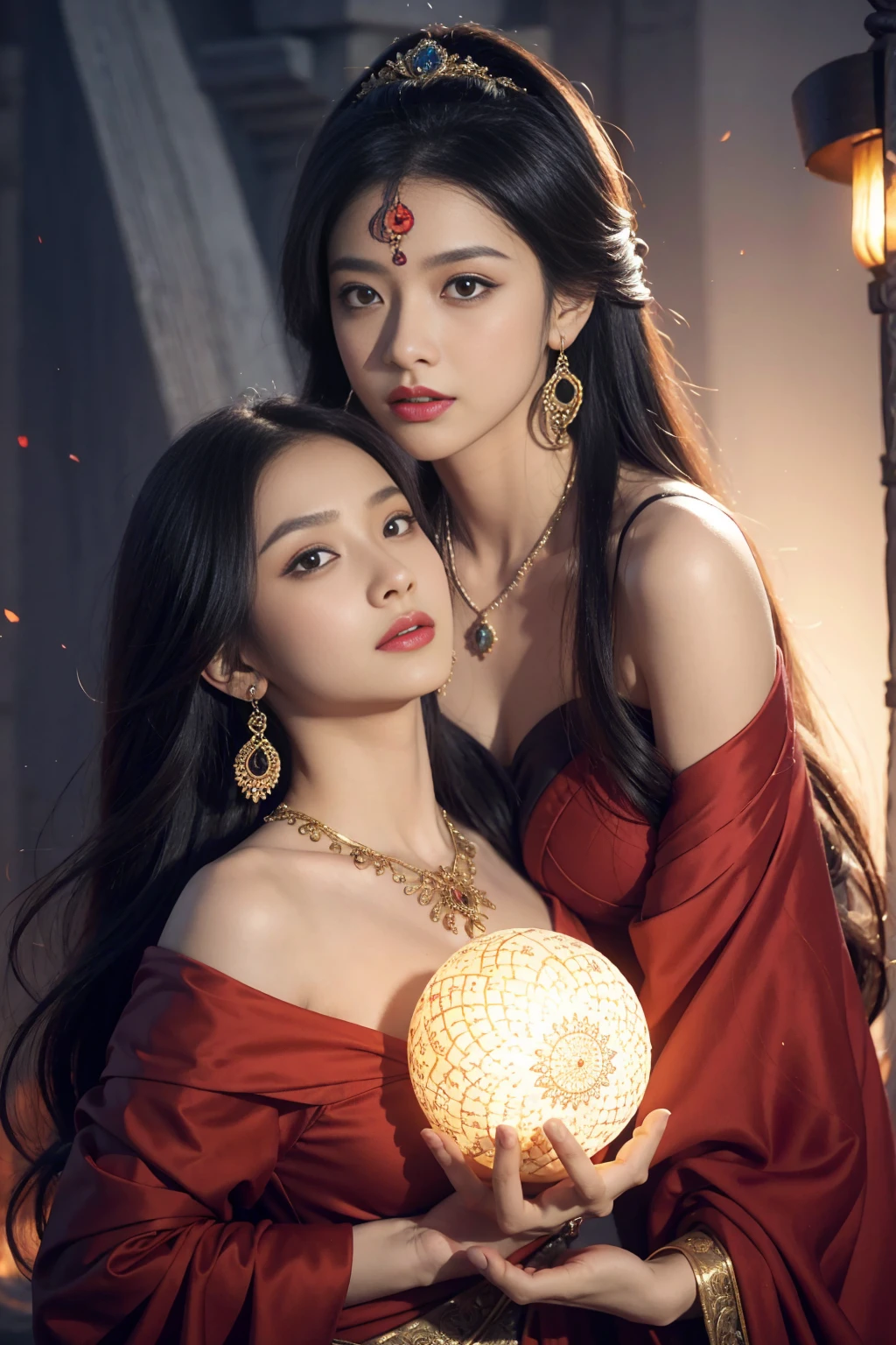 Two Girls, length_hair, bright_hair_color, Fascinating_eye, mysterious_Performance, Mature Woman_exterior, glamorous_Costume, Flowing_dress, elegant_jewelry, complicated_Decoration, magic_symbol, Shine_accessories, Portion, Scroll, cute_accent, bow, ribbon, Flowers,A tiny bit of cleavage is visible,sexy