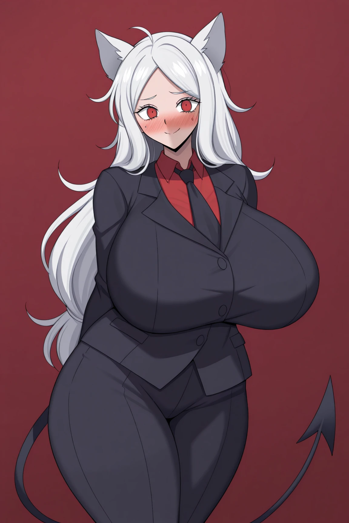 anime girl with cat ears and a red tie posing for a picture,1girl, (sfw) safe for work, anime catgirl, in strict suit, kantai collection style, cute anime catgirl, attractive cat girl, in a strict suit, nekomimi, oppai, ((huge breasts)), ((large breasts)), ((enormus breasts)), marin kitagawa fanart, catgirl, asuka suit under clothes!