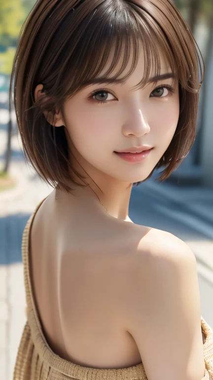 Photoreal、Masseter muscle part、highest quality、High resolution、RAW photo、realistic、bright lighting、face light、smooth professional lighting、alone、japanese woman、Half beauty、adult woman、Beautiful woman、modeled、gravure、sexy、super beautiful、realistic skin、realistic face、beautiful eyes、Big eyes、brown eyes、Inconspicuous tear bags、slim、medium big breasts、short hair、brunette colored hair、looking at camera、fun、Happy、Tank top with open chest、