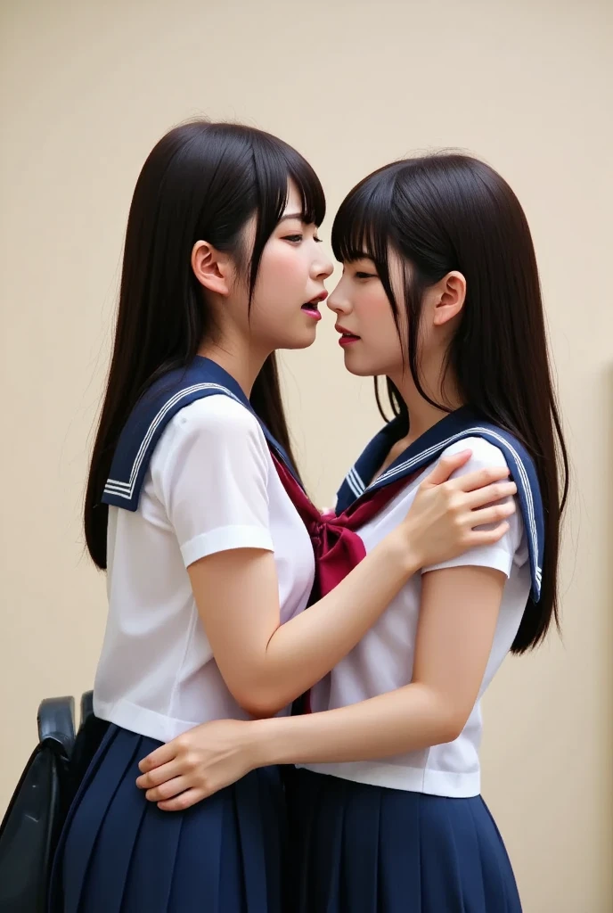(Highest quality、4K、8k、High resolution、masterpiece:1.2)、Very detailed、(Genuine、Realistic、Realistic:1.3)、Two busty girls in school uniforms French Kiss