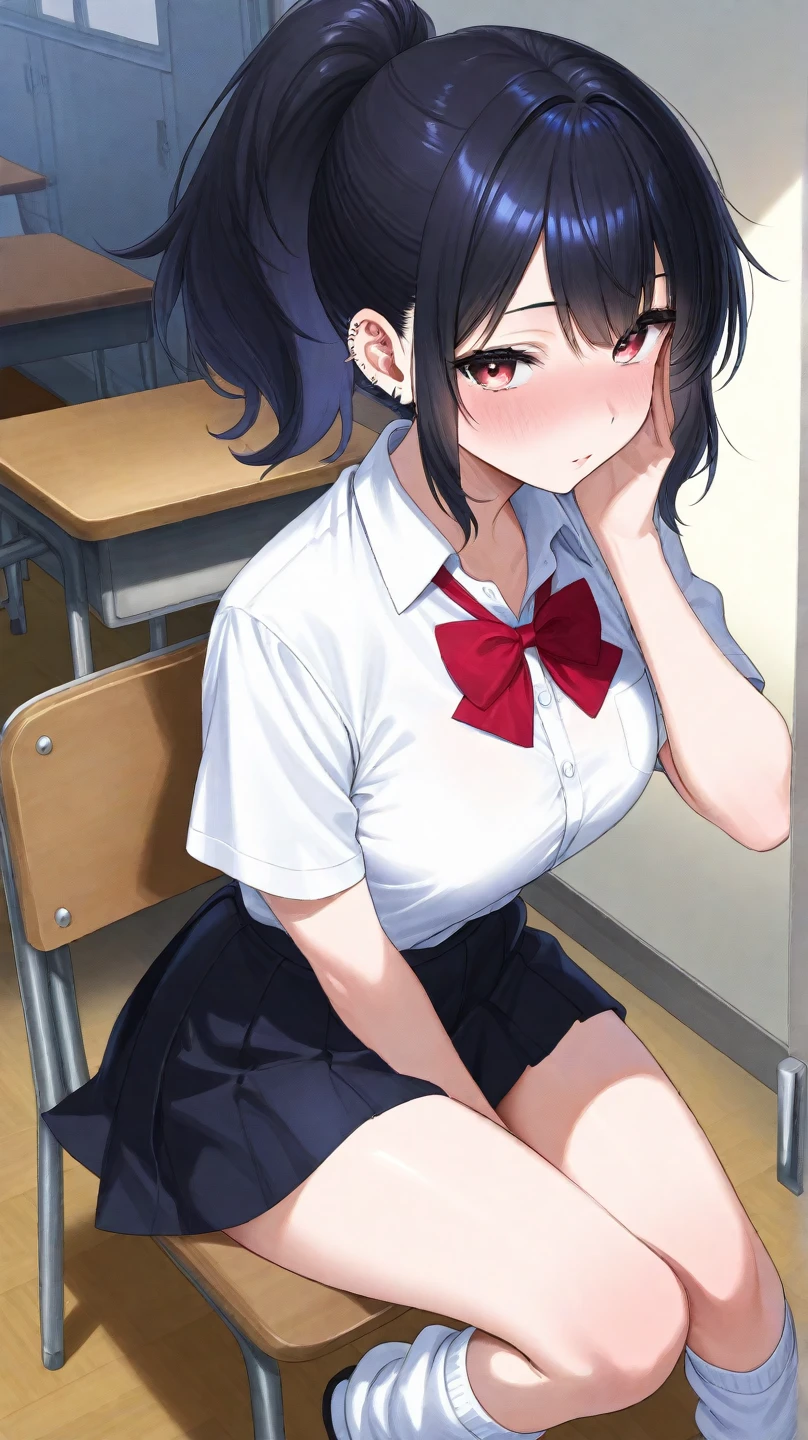 (Browsing Caution),(High resolution),(High resolution),(High resolution),(8k)、(Suspender skirt、Red ribbon、White shirt、school uniform)、Braid,Black-rimmed glasses,under the table、under the tableのフェラチオ、Blowjob under the table、、